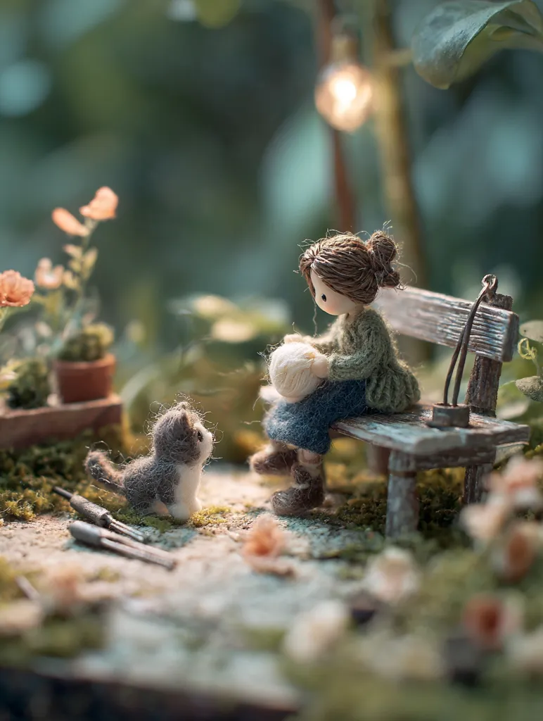 A miniature scene depicts a girl sitting on a rustic bench, knitting yarn.  A small, felted cat sits nearby, watching her.  The setting is a charming, miniature garden with soft lighting, flowers, and gardening tools scattered around.  The overall mood is peaceful and whimsical, creating a serene, miniature world.