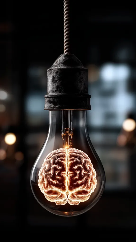 A light bulb hangs from a dark ceiling, its filament replaced by a glowing image of a human brain.  The bulb is encased in a vintage-style glass fixture with a dark metal base and a rope cord. The background is blurred, showing a dark ambiance with bokeh lights, emphasizing the central image of the brain illuminating the idea of intellect and insight.