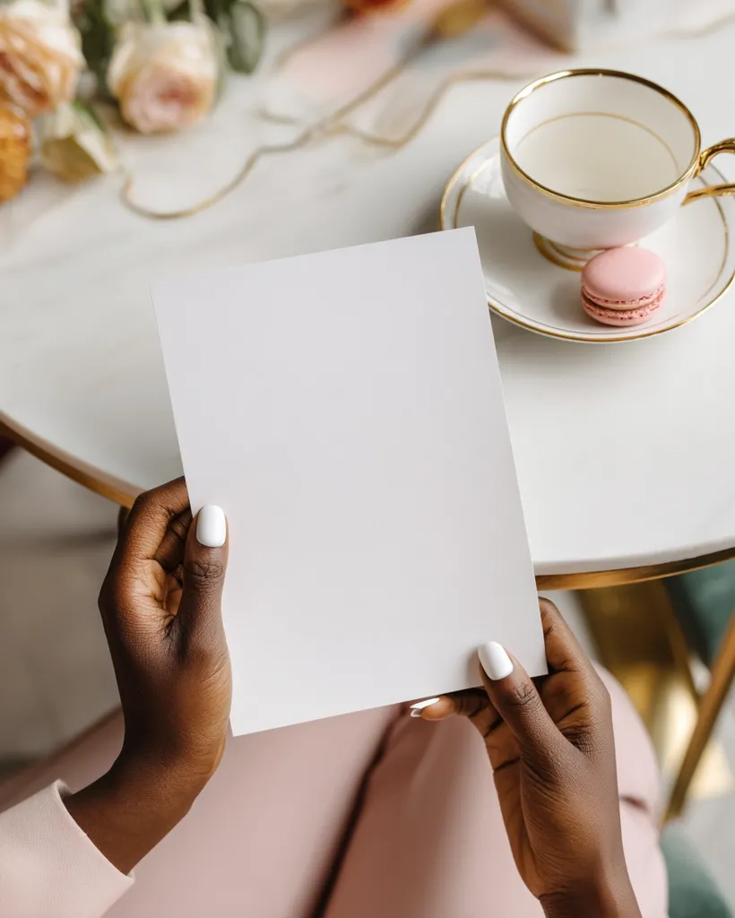 Close-up view of dark-skinned hands holding a blank white card.  A delicate pink macaron sits beside a gold-rimmed teacup on a marble table.  Soft pink clothing and pastel-colored flowers are blurred in the background, creating a serene and elegant aesthetic. The image suggests a minimalist, feminine style.