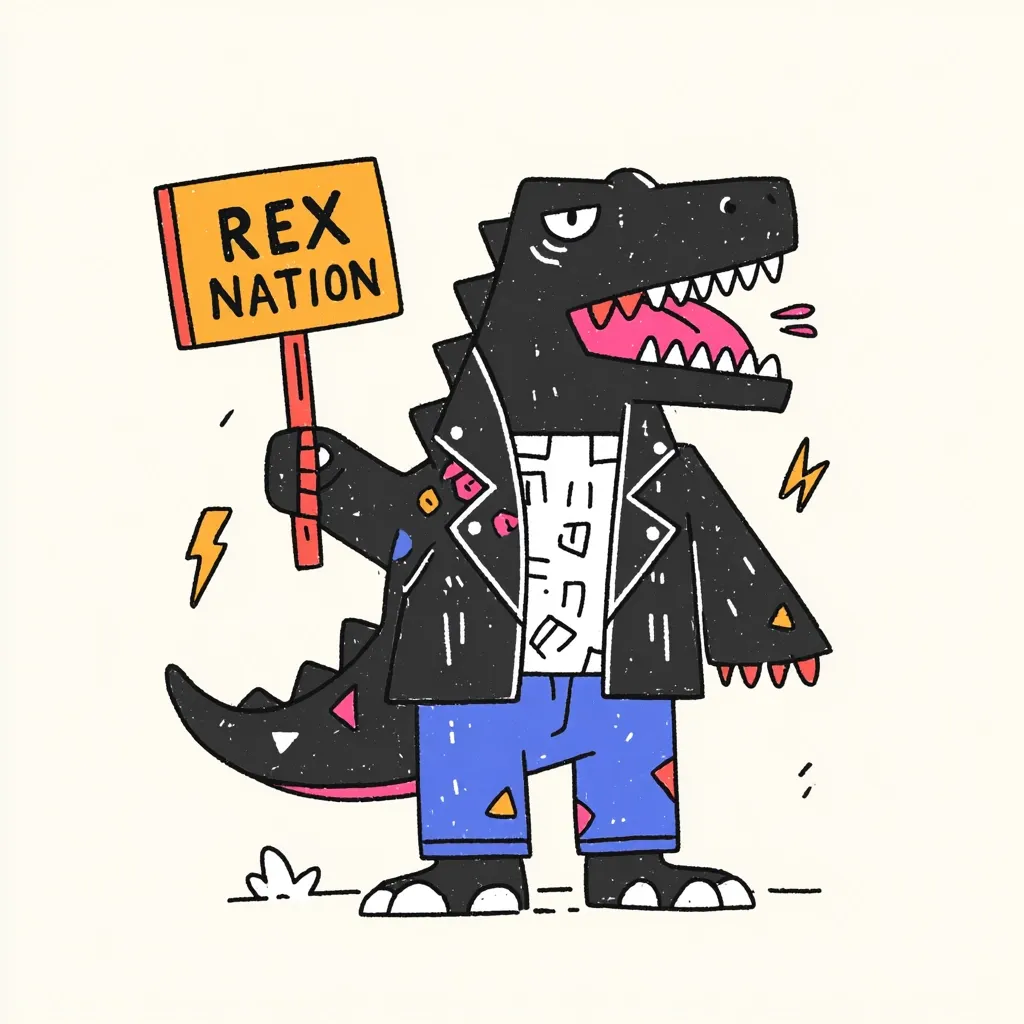 A cartoon T-Rex, clad in a black leather jacket and blue jeans, roars while holding a sign that reads "Rex Nation."  The dinosaur has a textured, slightly grunge aesthetic, with colorful patches adorning its jacket and tail.  Lightning bolt symbols add a dynamic feel to the illustration, conveying energy and a rebellious spirit. The overall style is playful and expressive.