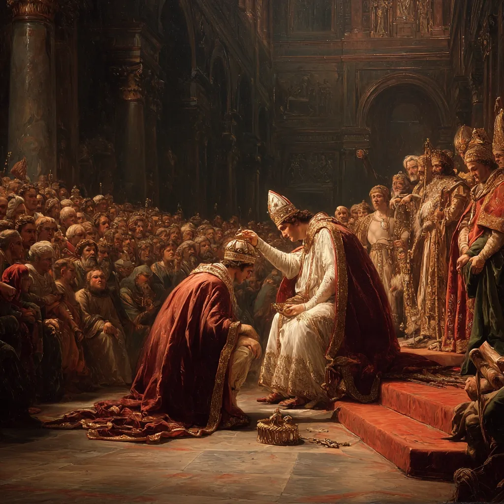 A large crowd witnesses a coronation.  A pope, in white and gold robes, places a crown upon the head of a kneeling emperor, dressed in rich burgundy.  The scene is set within a grand cathedral, the opulent setting emphasizing the significance of the ceremony.  Attendants, bishops, and nobles in elaborate attire surround the central figures, creating a majestic and powerful visual narrative.