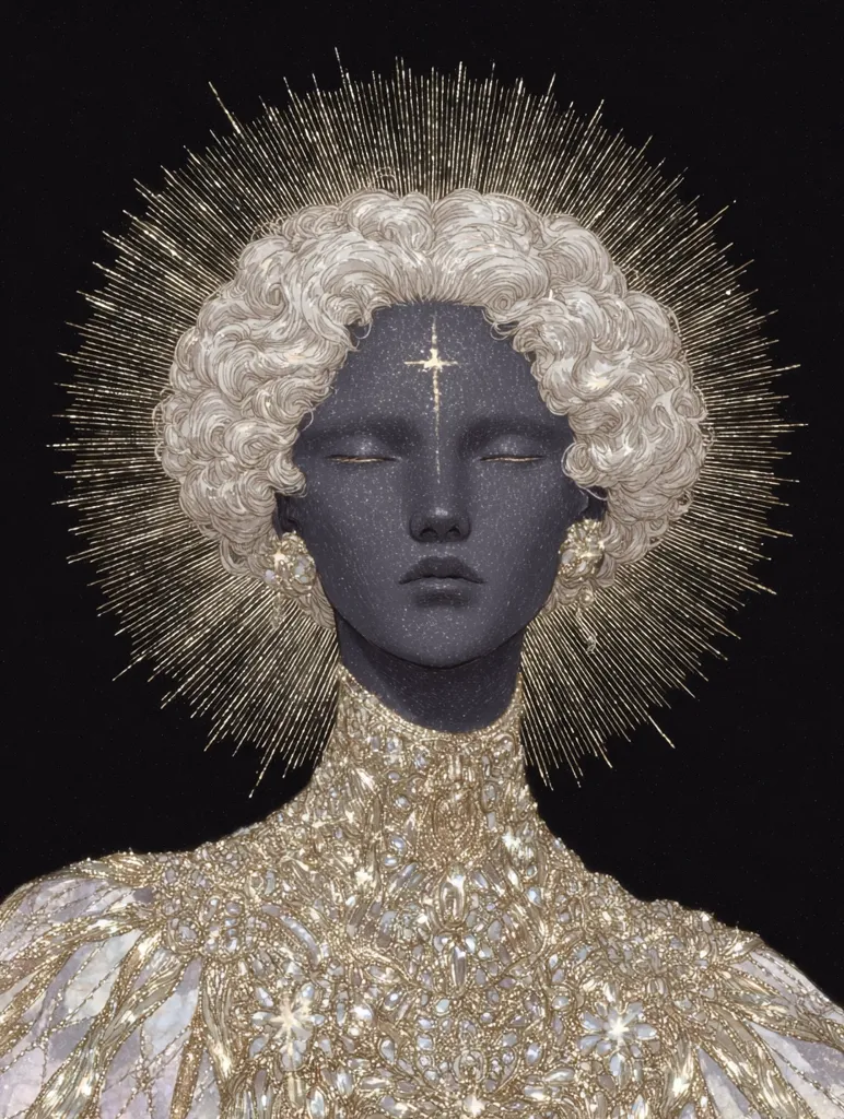 The artwork depicts a serene, dark-skinned figure with eyes closed, crowned by a radiant, golden sunburst.  Their curly, light-colored hair frames a face adorned with a small, glittering cross.  The figure is dressed in an elaborate, shimmering gown, encrusted with countless pearls and jewels, creating a striking contrast between the dark skin and the dazzling gold and white embellishments. The overall effect is one of ethereal beauty and divine grace.