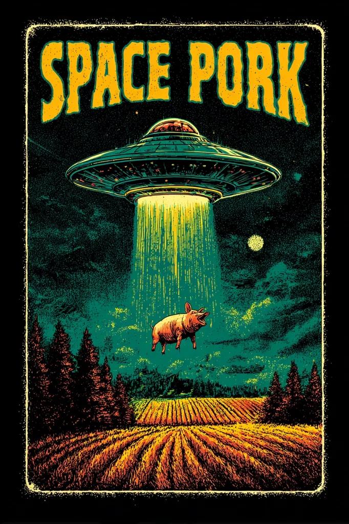 A vintage-style poster titled "Space Pork" depicts a flying saucer hovering over a rural landscape.  A pig floats beneath the craft, illuminated by its bright beam.  The scene is set against a night sky, with a line of dark trees and a field of golden crops in the foreground. The artwork uses a bold color palette and textured style reminiscent of retro sci-fi and psychedelic art.