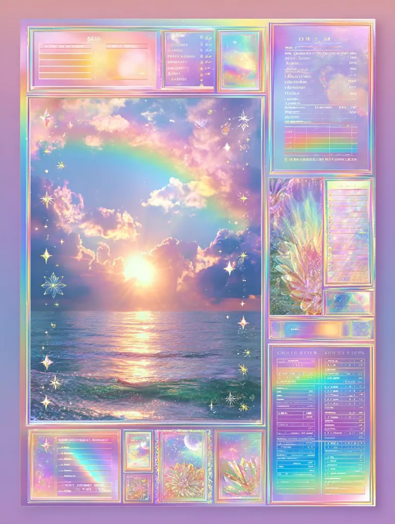 A pastel-colored character sheet features a dreamy seascape at sunset, overlaid with a rainbow and sparkling stars.  Multiple sections provide spaces for character details, including stats, skills, and inventory.  Smaller, decorative frames showcase celestial and floral motifs, enhancing the whimsical, ethereal aesthetic. The holographic effect adds a shimmering, iridescent quality to the design.
