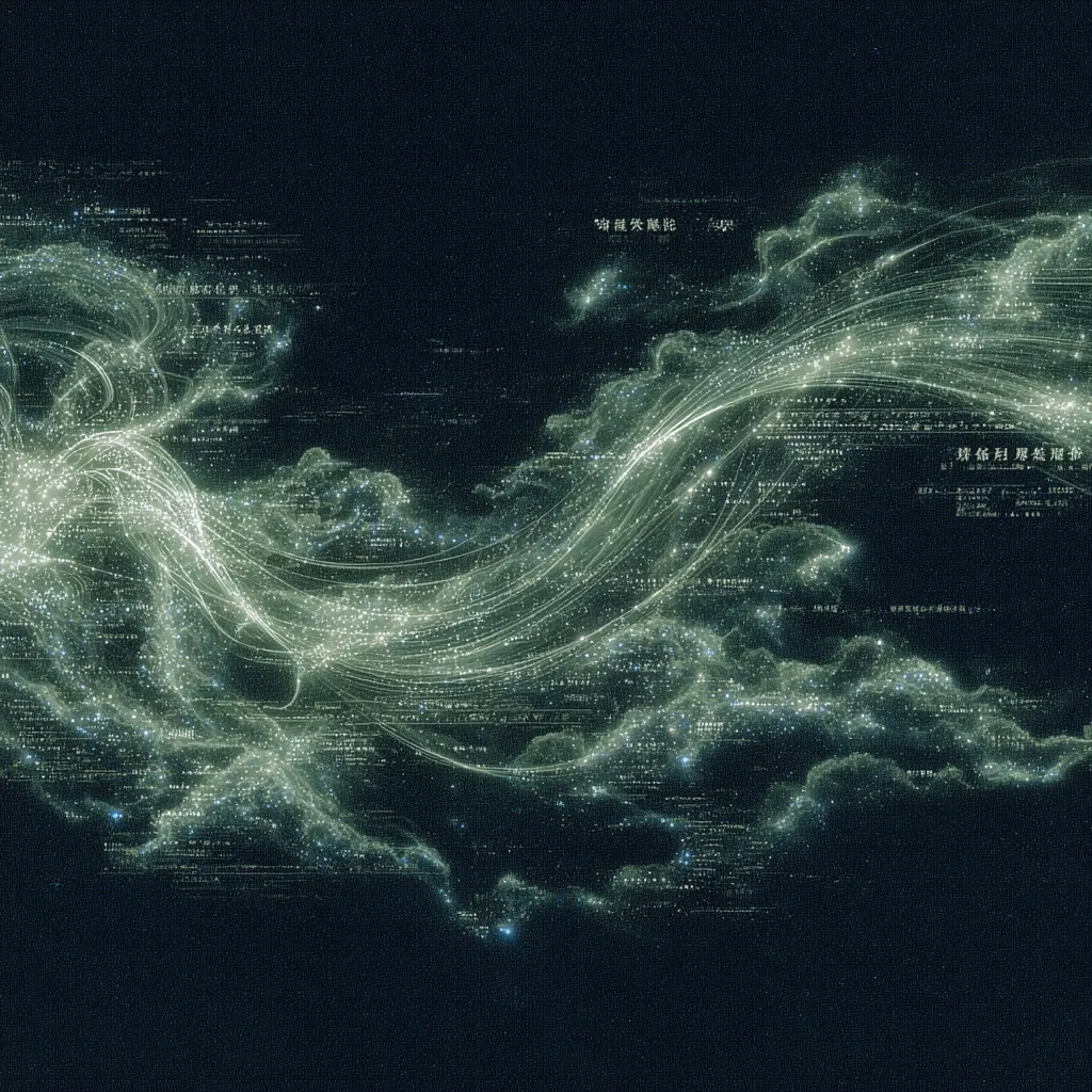 An abstract digital artwork depicting flowing, luminous strands resembling data streams, interwoven with cloud-like formations.  The strands are speckled with tiny points of light, creating a sense of movement and energy.  Chinese characters are subtly embedded within the image, adding a layer of mystery and suggesting a complex system or network. The overall color palette is a muted, cool green against a dark background.