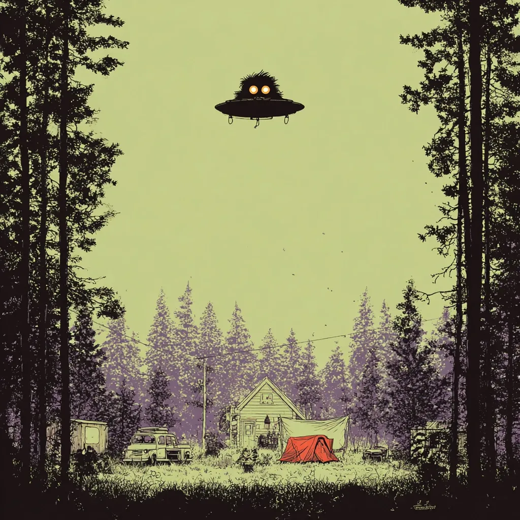 A whimsical illustration depicts a fuzzy, ovular UFO hovering over a serene woodland scene.  Tall, dark evergreens frame a small house and campsite, where a red tent and vintage van are nestled. The muted color palette and detailed linework create a nostalgic, slightly eerie atmosphere reminiscent of classic sci-fi. The overall style is evocative of vintage comic book art or a book cover.