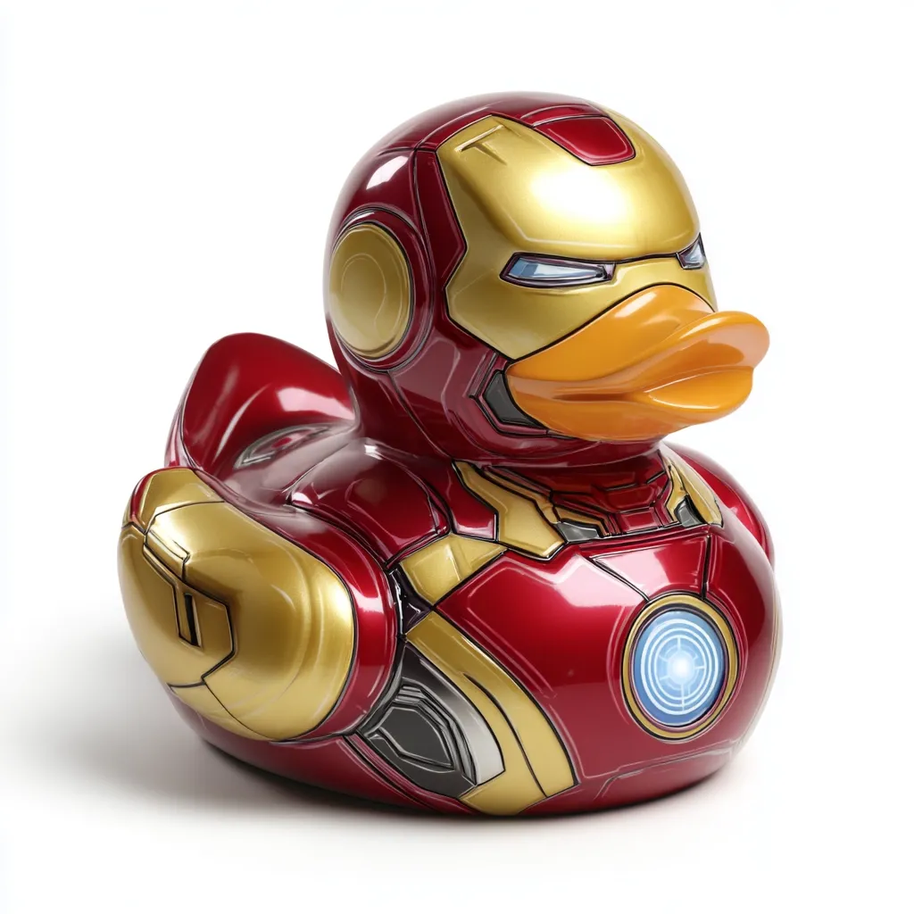 This is a rubber ducky designed to look like Iron Man, the Marvel superhero.  The duck is predominantly red and gold, mirroring Iron Man's suit.  Details like the arc reactor on the chest and the helmet shape are faithfully replicated.  The duck is glossy, giving it a metallic appearance. It's a collectible item for fans of both rubber ducks and Marvel.