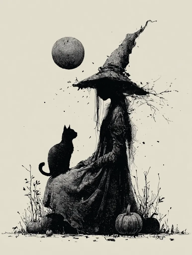 A monochromatic illustration depicts a witch, silhouetted against a pale background.  She sits amidst autumnal foliage, a black cat perched beside her.  A large, textured orb, reminiscent of a moon, hangs in the sky above. Pumpkins lie scattered at her feet, adding to the autumnal and slightly mystical atmosphere. The style is detailed and evocative, suggesting a gothic or Halloween theme.