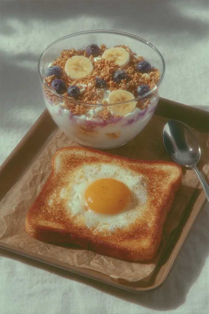 A sunlit breakfast scene featuring a bowl of yogurt parfait with granola, blueberries, and banana slices, alongside a piece of toast with a perfectly fried egg in the center.  The food rests on a brown tray lined with parchment paper, accompanied by a spoon.  The overall aesthetic is warm and inviting.