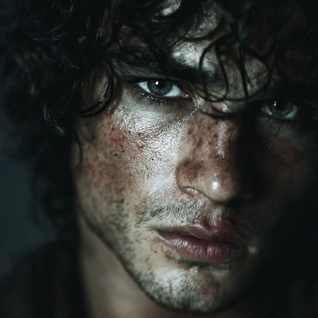 A close-up portrait of a young man with dark, curly hair. His face is covered in dirt and grime, suggesting a harsh environment or physical struggle.  His intense gaze and serious expression convey a sense of hardship and resilience. The contrast between light and shadow accentuates his facial features, creating a dramatic and brooding atmosphere.  His skin shows signs of abrasions and freckles.