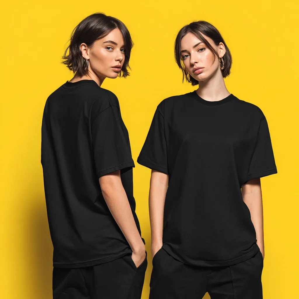 Two young women with short brown hair stand back-to-back against a vibrant yellow background.  Both wear identical oversized black t-shirts and matching black sweatpants, showcasing a minimalist and stylish look.  They appear confident and poised, hands casually in their pockets.  The image highlights the simple elegance of the clothing.