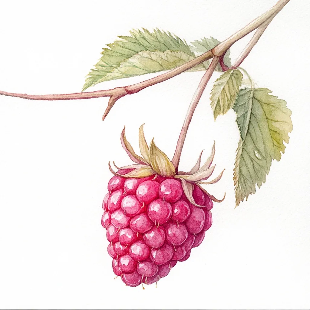 A watercolor painting showcases a single raspberry on a branch.  The raspberry is a vibrant pink, plump and detailed, showing individual drupelets.  Delicate green leaves and a slender, thorny branch complete the composition, set against a clean white background. The style is botanical, precise and realistic.