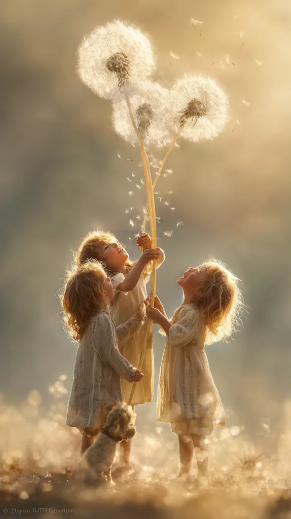 Three young girls, dressed in white, stand amidst a field of giant dandelions.  Golden sunlight bathes the scene, creating a dreamy, ethereal atmosphere.  The girls hold onto the tall dandelion stalks, their faces tilted upwards in wonder as seeds drift away on the breeze. A small, fluffy dog sits at their feet, adding to the enchanting image. The overall mood is one of innocent joy and magical realism.