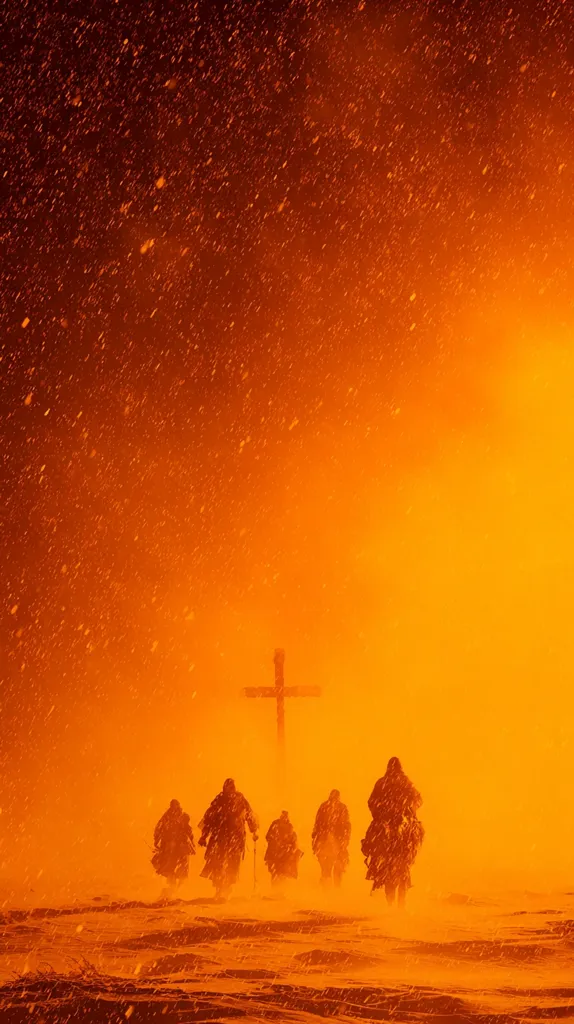 Silhouetted figures, possibly monks on horseback, traverse a snow-covered landscape under an intensely orange, fiery sky.  A large cross stands in the middle ground.  The scene is apocalyptic, with heavy snowfall and a pervasive, almost hellish, atmosphere.  The overall mood is one of somber pilgrimage or desperate journey.