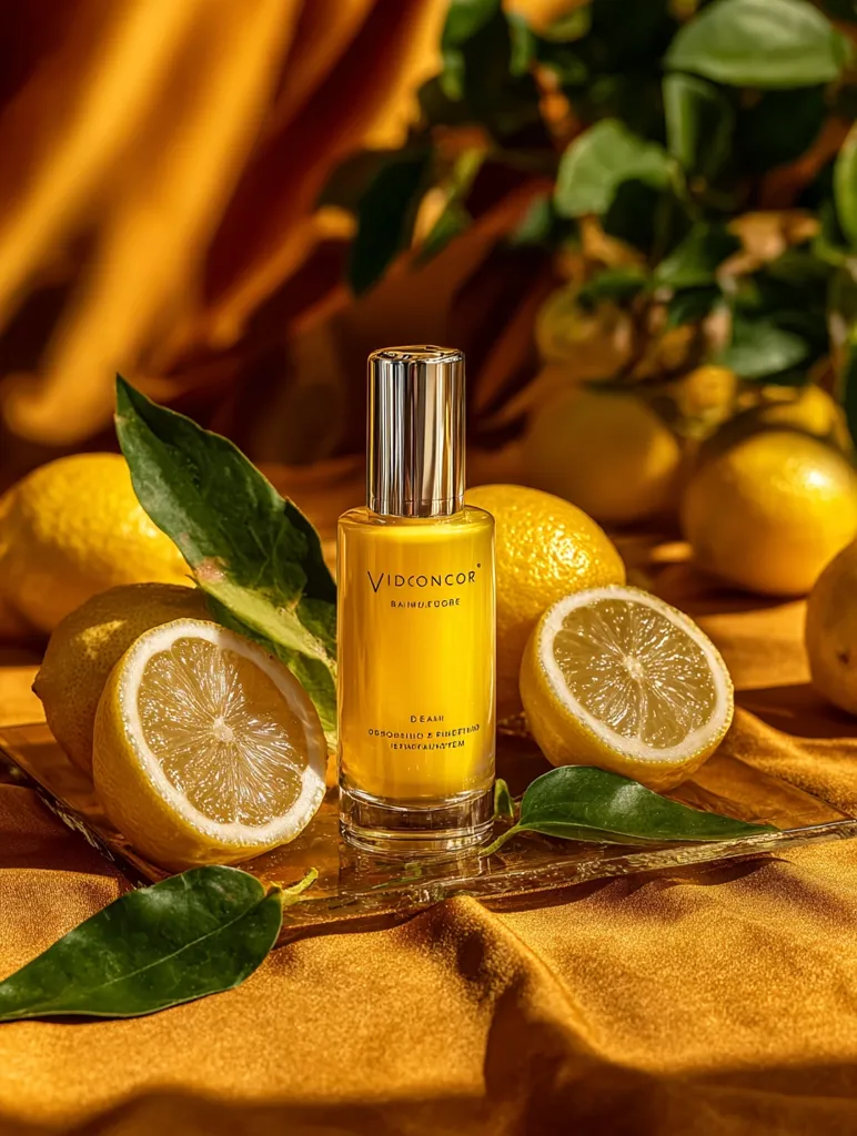 A bottle of Vidconcor Bain de Soie Deali serum sits on a gold-toned surface among halved lemons and lemon leaves.  The bottle is gold and clear, showcasing the yellow liquid inside. The background features a rich gold fabric, creating a luxurious and visually appealing presentation.  The overall aesthetic is bright, fresh, and evocative of citrus.