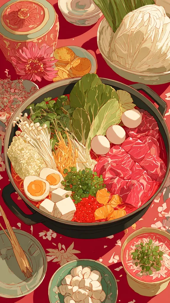 A vibrant illustration showcases a meticulously arranged hot pot brimming with an array of colorful ingredients.  Sliced beef, eggs, tofu, mushrooms, leafy greens, and other vegetables are nestled in a rich broth.  Surrounding the main dish are various bowls containing additional ingredients and garnishes, set against a red tablecloth adorned with a floral pattern. The overall aesthetic is one of warmth and delicious abundance.