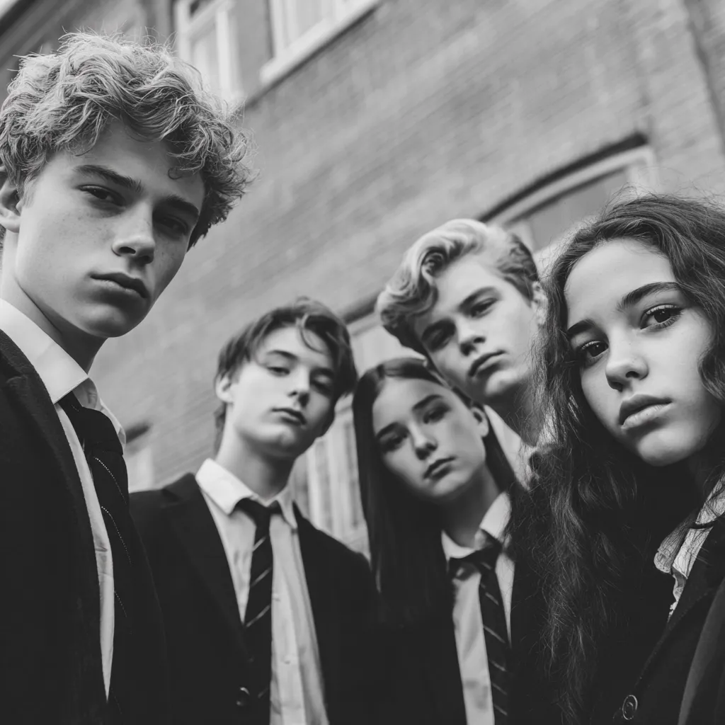Five teenagers in school uniforms stand close together, their faces filling the frame.  The photo is in black and white, creating a dramatic and moody atmosphere. They appear to be a group of friends, possibly students, with a sense of camaraderie. The angle is from below, looking up at them, emphasizing their youth and creating a slightly intimidating perspective.