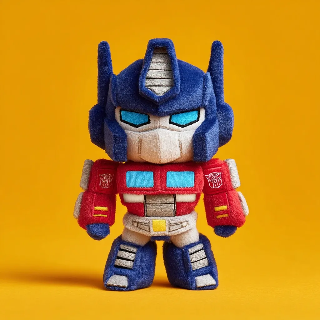 A plush Optimus Prime toy stands against a yellow background.  The toy is chibi-style, with a large head and small body, and features embroidered details accurately replicating the iconic Transformers character's design.  It's primarily red and blue, with the Autobot symbol visible on its chest and arms.  The plush is soft and seemingly well-made.