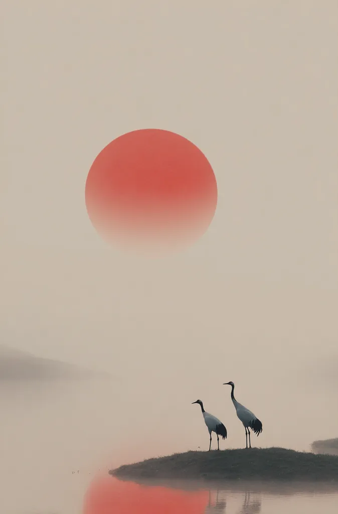Two graceful cranes stand on a small island in a misty lake, silhouetted against a large, reddish-orange sun.  The serene scene is bathed in a soft, muted light, creating a calm and peaceful atmosphere.  The minimalist composition evokes a sense of tranquility and natural beauty.  The reflection of the sun colors the water a subtle red.
