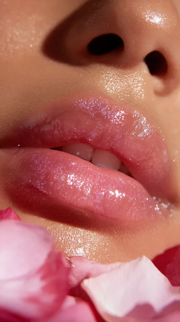 Close-up of a woman's glossy, pink lips.  The lips are full and have a subtle shimmer.  Rose petals softly surround the lower lip, creating a romantic and sensual image. The skin is luminous and healthy-looking.  The overall effect is one of beauty and natural elegance.