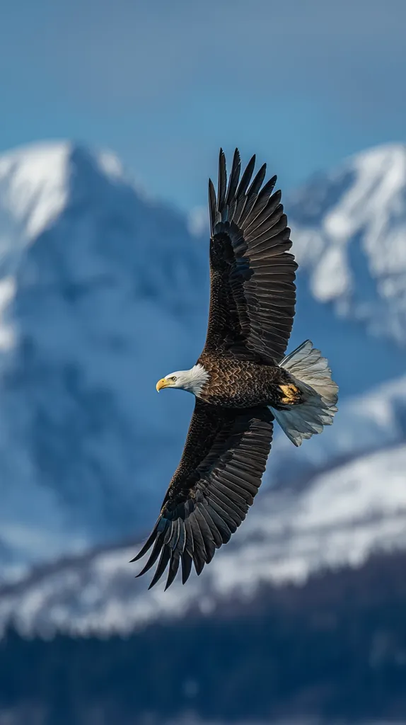 A majestic bald eagle soars through the air, its wings fully extended against a backdrop of snow-capped mountains.  The eagle's dark brown and white plumage is clearly visible, as is its sharp gaze. The blurred mountains create a sense of depth and emphasize the eagle's powerful flight. The overall image evokes a feeling of freedom and natural beauty.