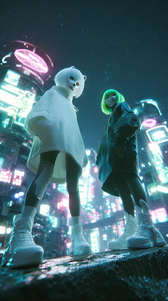 Two stylized figures, one in a white cat mask and oversized hoodie, the other with vibrant green hair and a dark jacket, stand on a wet surface in a futuristic cityscape.  Neon lights illuminate the towering buildings behind them, creating a vibrant and otherworldly atmosphere.  Both wear futuristic white boots. The image is a digital illustration with a strong cyberpunk aesthetic.