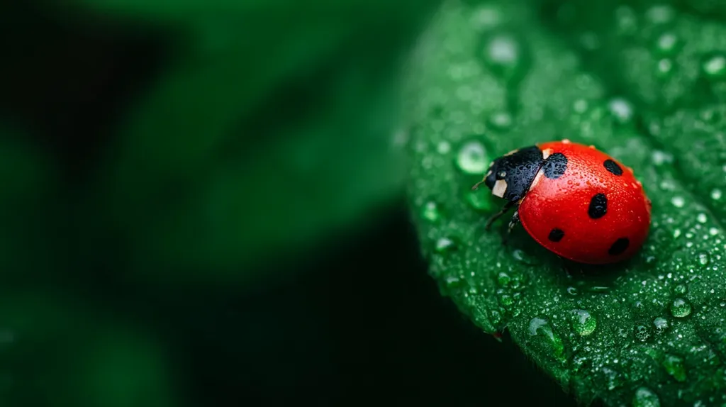 A vibrant red ladybug with black spots rests on a dew-covered, dark green leaf.  The leaf's surface is glistening with water droplets. The background is blurred, drawing focus to the ladybug and creating a bokeh effect. The image evokes a sense of serenity and the beauty of nature's details.