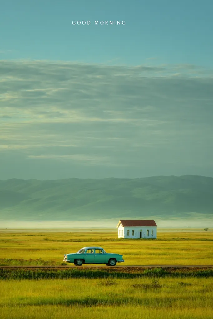 A serene landscape unfolds under a pale sky.  A vintage light teal car drives along a road cutting through a vast golden field. A small white house with a red roof sits in the middle distance, against a backdrop of rolling green mountains. The words "GOOD MORNING" are subtly placed at the top, enhancing the peaceful and idyllic mood of the scene.