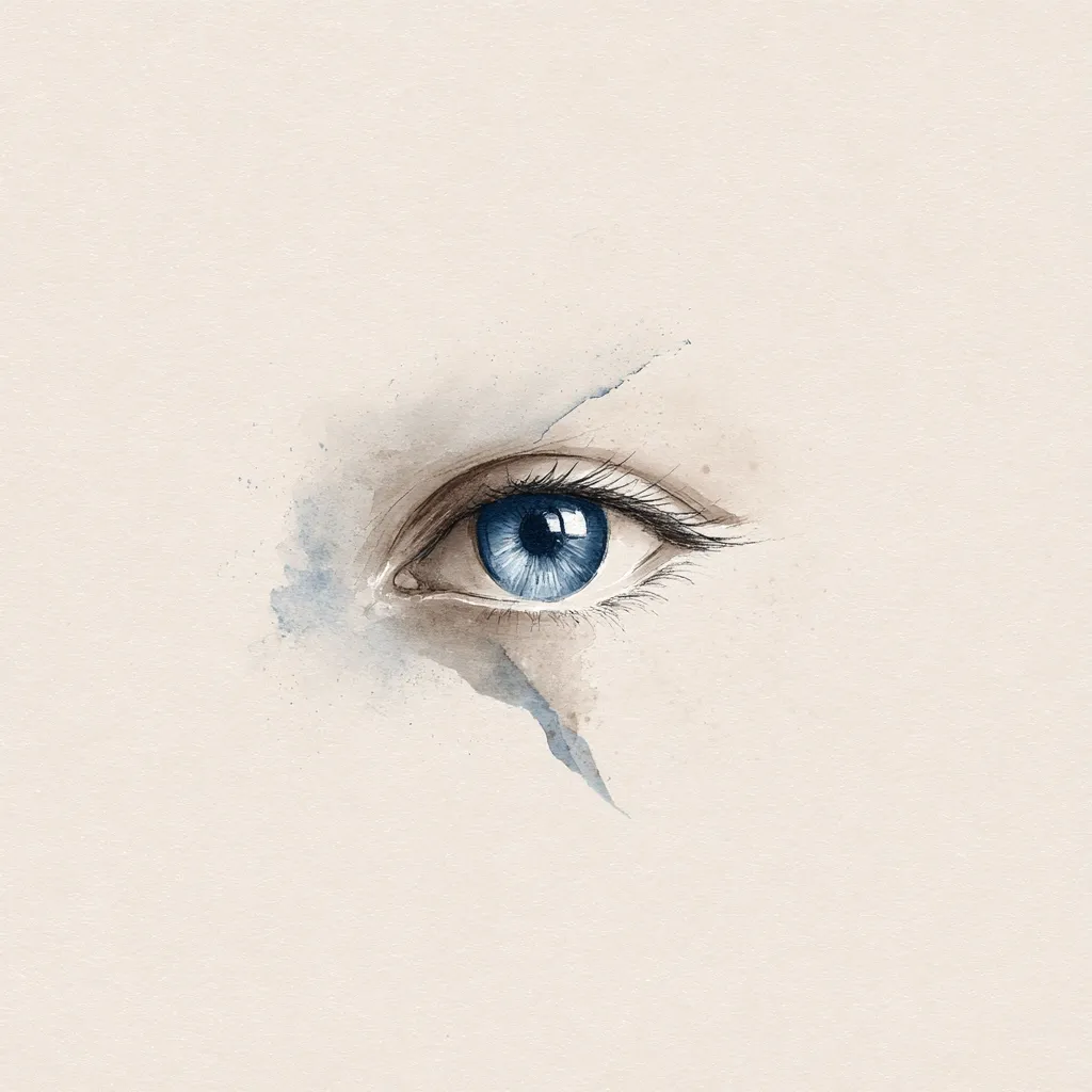 A watercolor painting depicts a single, striking blue eye.  The eye is rendered with detail, showcasing long lashes and a reflective surface.  Surrounding the eye are subtle watercolor washes in muted browns and blues, creating a sense of texture and depth.  Streaks of blue paint suggest tears or markings, adding emotional weight to the piece. The overall style is minimalist and evocative.