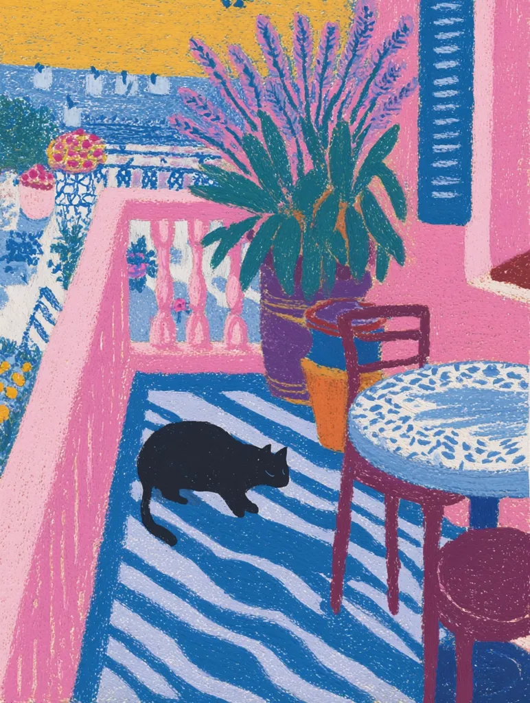 A vibrant pastel painting depicts a pink balcony scene.  A black cat rests on a blue and white striped rug.  A small table with a patterned top sits near a chair.  A large potted lavender plant adds pops of purple, and a glimpse of a seaside view is visible in the background. The overall style is playful and whimsical.