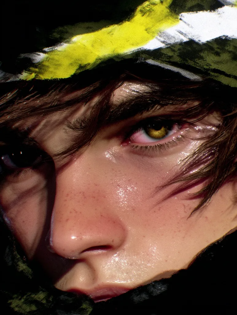 Close-up portrait of a young person's face, partially obscured by a dark garment with yellow and white accents.  Their skin is glistening with sweat, and their eyes, one clearly visible with golden irises, convey intensity.  The image has a painterly quality, with soft focus and visible brushstrokes.  The overall mood is one of mystery and determination.