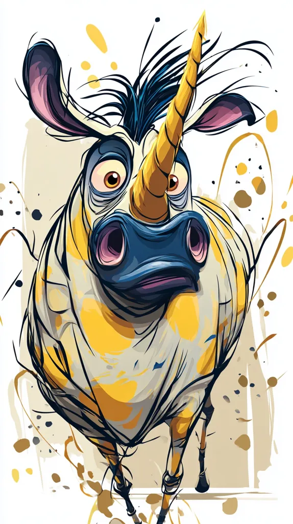 A stylized illustration depicts a whimsical zebra-like creature with a golden unicorn horn.  Its large, expressive eyes and surprised expression are highlighted against a splatter-painted background. The creature's body is predominantly off-white with yellow splashes, and its legs are long and slender. The overall style is cartoonish and vibrant.