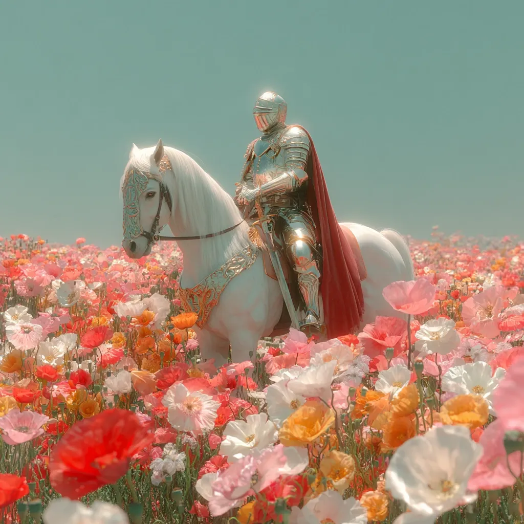 A knight in shining silver armor, cloaked in red, sits atop a white horse amidst a vibrant field of colorful poppies.  The scene is bathed in soft, sunlit hues, creating a dreamy, ethereal atmosphere. The knight's serene expression contrasts with the lively blossoms, suggesting a moment of peaceful contemplation or quiet victory. The overall aesthetic is romantic and fantastical.