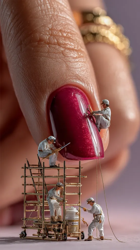 Miniature workers meticulously work on a woman's large, dark-red painted fingernail.  They utilize a miniature gold scaffolding and tools, showcasing a dramatic contrast in scale. The scene is carefully composed, highlighting the detail of the workers and the texture of the fingernail against a soft, blurred background.  The image creates a surreal and artistic juxtaposition.