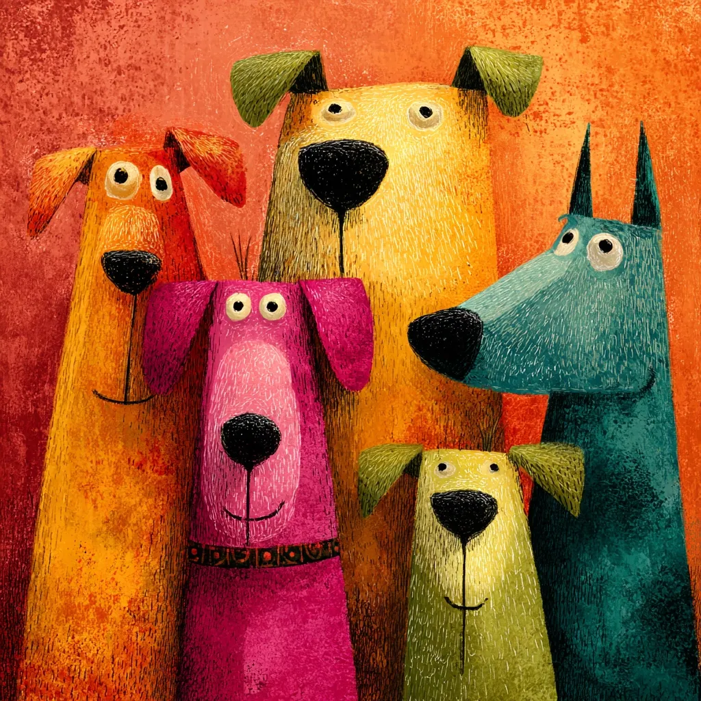 A vibrant, stylized artwork depicts a group of five dogs.  Each dog is uniquely colored and shaped, with exaggerated features.  The colors are bold and saturated, with textures resembling impasto painting. The dogs stand close together, creating a playful and friendly composition against a warm, textured background.  The overall style is whimsical and charming.