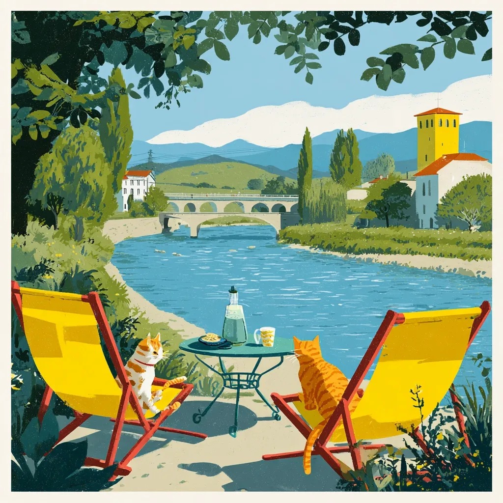 Two ginger cats relax in yellow deck chairs beside a river. A small table with drinks and biscuits sits between them. A stone bridge and quaint buildings are visible across the river, nestled in a verdant landscape under a sunny sky. Lush greenery surrounds the tranquil scene, creating a peaceful and idyllic setting.