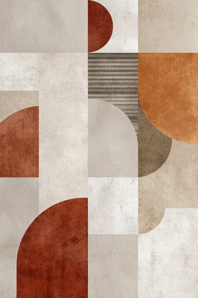 An abstract geometric artwork features a grid of squares and rectangles in muted earth tones.  Semicircles in burnt orange and terracotta are overlaid, creating a sense of depth and layering.  A textured, striped element adds visual interest, while the overall palette evokes a feeling of calm and sophistication. The piece is reminiscent of mid-century modern design.