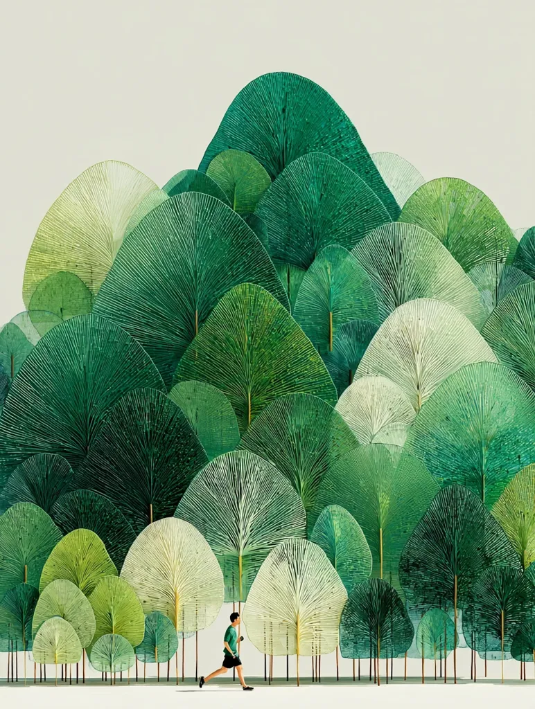 A stylized illustration depicts a person jogging through a vibrant forest.  The trees are depicted with radiating lines, creating a textured and almost ethereal effect.  The color palette is predominantly shades of green, transitioning from lighter to darker hues, suggesting depth and variation within the forest. The scene is peaceful and evokes a sense of serenity and the beauty of nature.