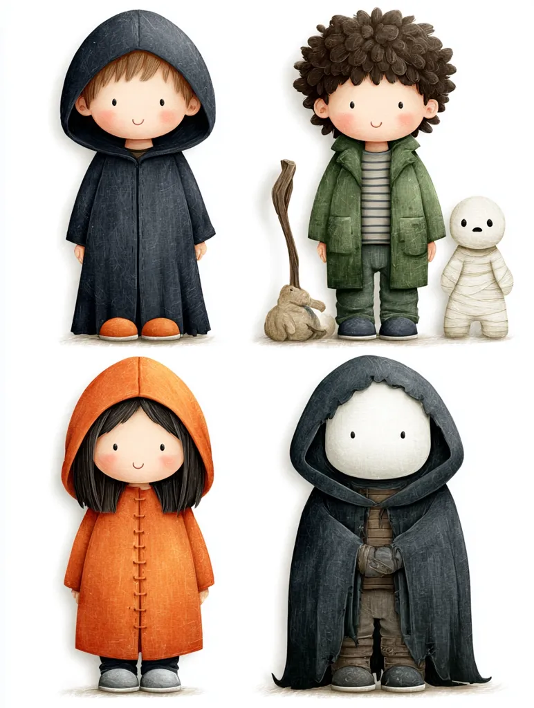 An illustration features four adorable chibi-style characters.  Two boys and two girls are depicted, each in unique attire. One boy wears a dark cloak, another a green jacket. One girl dons an orange raincoat, and the other a faceless figure in a black cloak.  A small mummy and a rabbit figurine add to the whimsical scene.  The art style is soft and charming, with a focus on cute features and textured clothing.