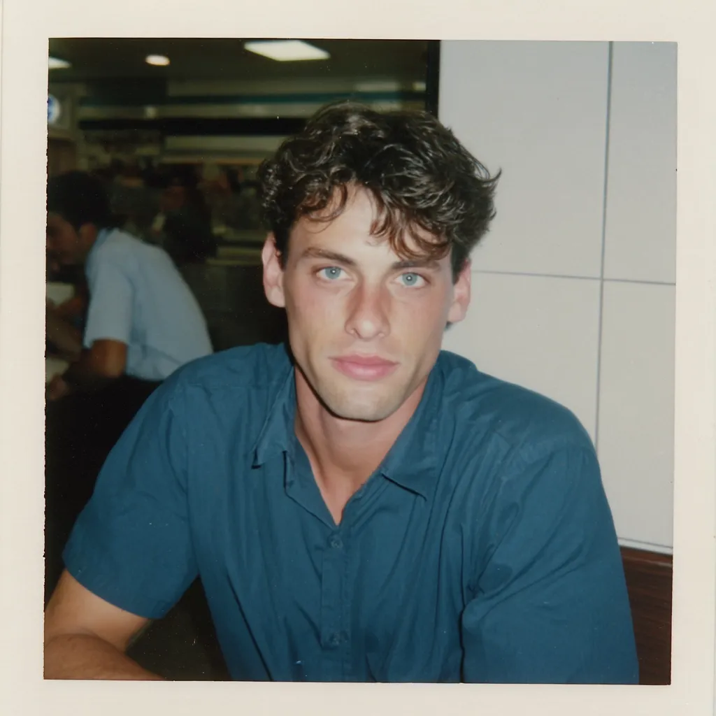 A young man with short, dark, curly hair sits in a teal button-down shirt. He has light skin and light blue eyes.  The photo appears to be a Polaroid or instant print, and the background shows a blurred interior scene, possibly a restaurant or cafeteria, with another person visible in the background.  The overall impression is a casual, candid portrait.