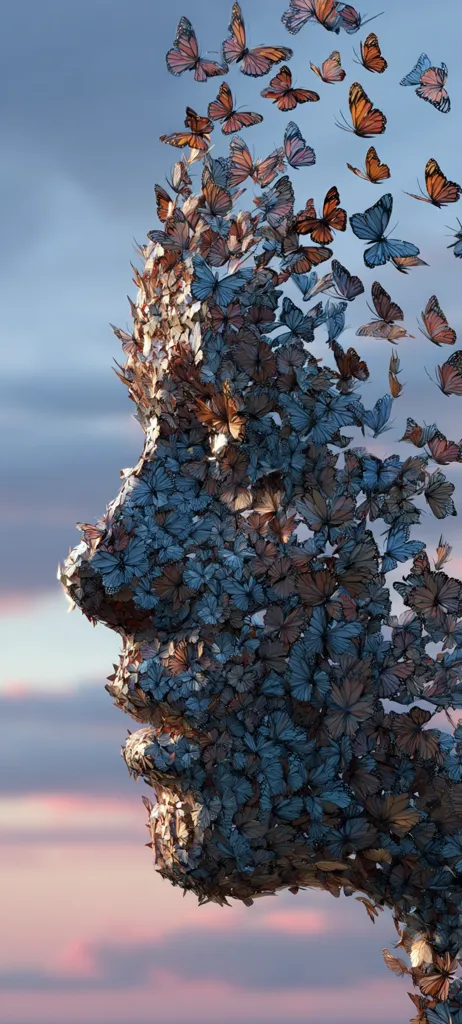 A profile view of a face sculpted from countless butterflies against a soft sunset sky.  The butterflies, in varying shades of blue and orange, form the features of the face, creating a surreal and ethereal image.  The composition evokes a sense of transformation and the delicate beauty of nature.  The butterflies seem to be both forming the face and drifting away, suggesting change or metamorphosis.