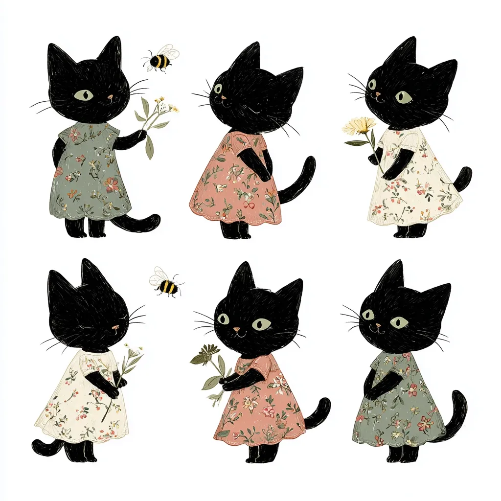 Six adorable black kittens are depicted, each wearing a floral dress in varying pastel colors.  They are posed in pairs, each pair holding wildflowers or simply standing.  Two bumblebees are also featured, adding to the whimsical, nature-inspired scene. The kittens have expressive eyes and are charmingly rendered in a soft, illustrative style.