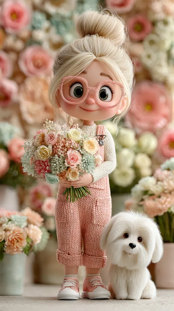 A charming 3D-rendered illustration showcases a cute girl with blonde hair in a bun, wearing pink glasses and a knitted jumpsuit.  She holds a pastel-colored bouquet of flowers.  A fluffy white dog sits patiently beside her, completing the sweet and whimsical scene, set against a background of blurred, delicate pink flowers.