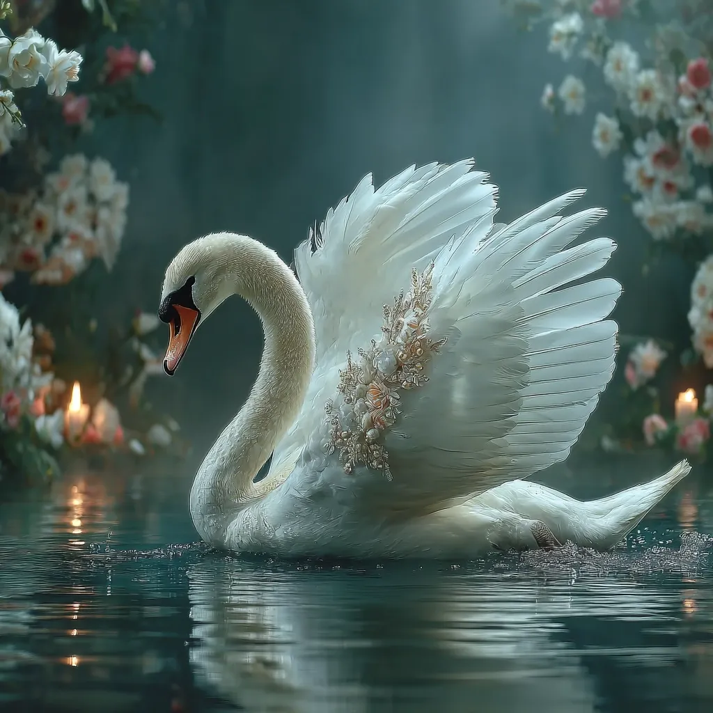 A majestic white swan, adorned with an exquisite jeweled ornament, gracefully glides across a serene teal lake.  Its wings are partially spread, showcasing its elegant plumage.  The background features a soft-focus arrangement of blooming flowers and softly glowing candles, creating a dreamy, ethereal atmosphere. The scene evokes a sense of peace and delicate beauty.