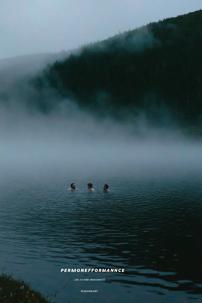 Three men bathe in a calm, misty lake.  A dark, forested hillside rises from the water's edge, shrouded in fog.  The atmosphere is serene and mysterious, suggesting a secluded, perhaps spiritual experience. The image is titled "Permoneffformance," with artist credit to Rikkihart.