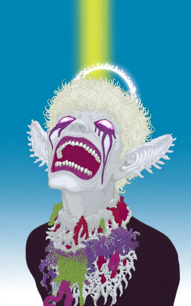 A stylized illustration depicts a pale figure with blond, spiky hair and large, pointed ears, screaming with purple tears streaming down its face.  A halo-like shape is above its head, bathed in a yellow light. The figure wears a large, ornate necklace resembling coral or organic growth in various colors. The background is a solid light blue. The overall style is surreal and detailed, with a focus on contrasting colors and textures.