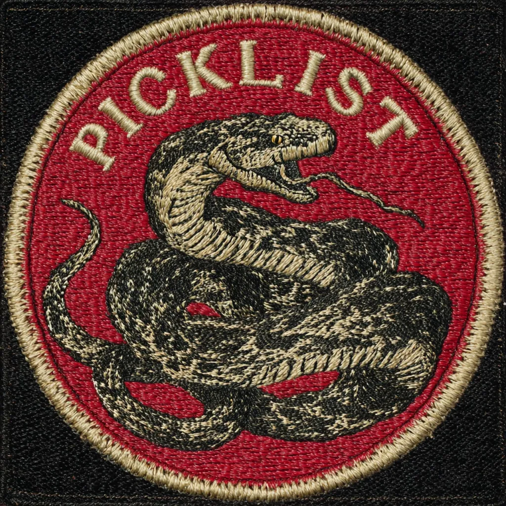 A circular embroidered patch features a coiled rattlesnake in beige thread on a crimson background.  The word "RICKLISI" is stitched in beige around the top edge of the circle. The snake is depicted with intricate detail, its scales and texture visible. The patch has a beige outer border and is mounted on a dark fabric.