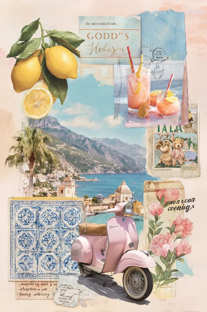 A vibrant collage evokes a dreamy Italian escape.  Lemons, pink cocktails, and a pastel pink Vespa scooter are juxtaposed against a stunning coastal backdrop.  Blue and white tiles, vintage postcards, and floral elements add to the whimsical, nostalgic feel. The overall aesthetic is feminine and romantic, suggesting a leisurely, sun-drenched vacation.