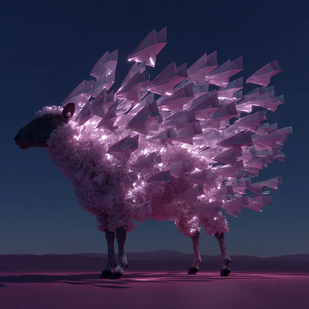 A digital rendering depicts a sheep standing on a pink landscape under a dark blue sky.  Its fleece is replaced by numerous glowing, paper airplane-like structures, creating a surreal and dreamlike effect.  The sheep's form is clearly visible through the illuminated, textured mass, creating a striking contrast between organic and geometric shapes. The overall mood is one of quiet wonder and artistic expression.