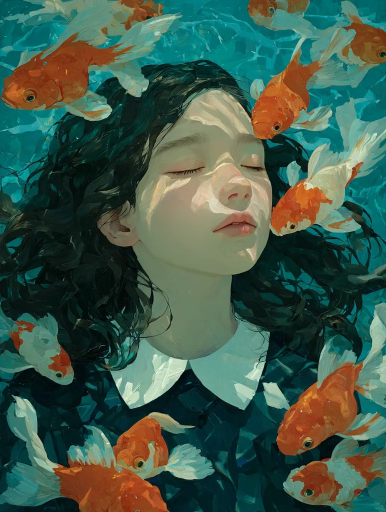 A young girl with long, dark hair rests serenely beneath the surface of teal water, her eyes closed in peaceful slumber.  Numerous vibrant orange and white goldfish swim around her, their scales shimmering. The girl wears a dark dress with a white collar, creating a striking contrast against the aquatic backdrop.  Sunlight filters through the water, illuminating her face and the fish. The overall mood is one of tranquility and ethereal beauty.